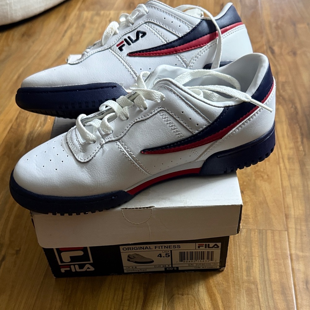 Fila Kids White and Navy Sneakers with Red Stripes